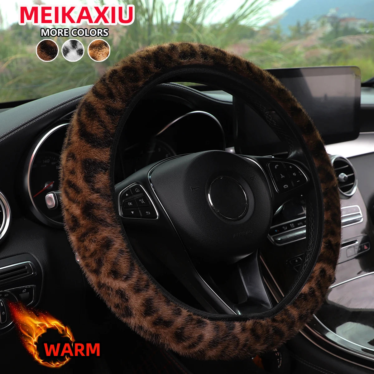 Leopard Print Steering Wheel Cover 14.5" Without Ring - Winter Plush