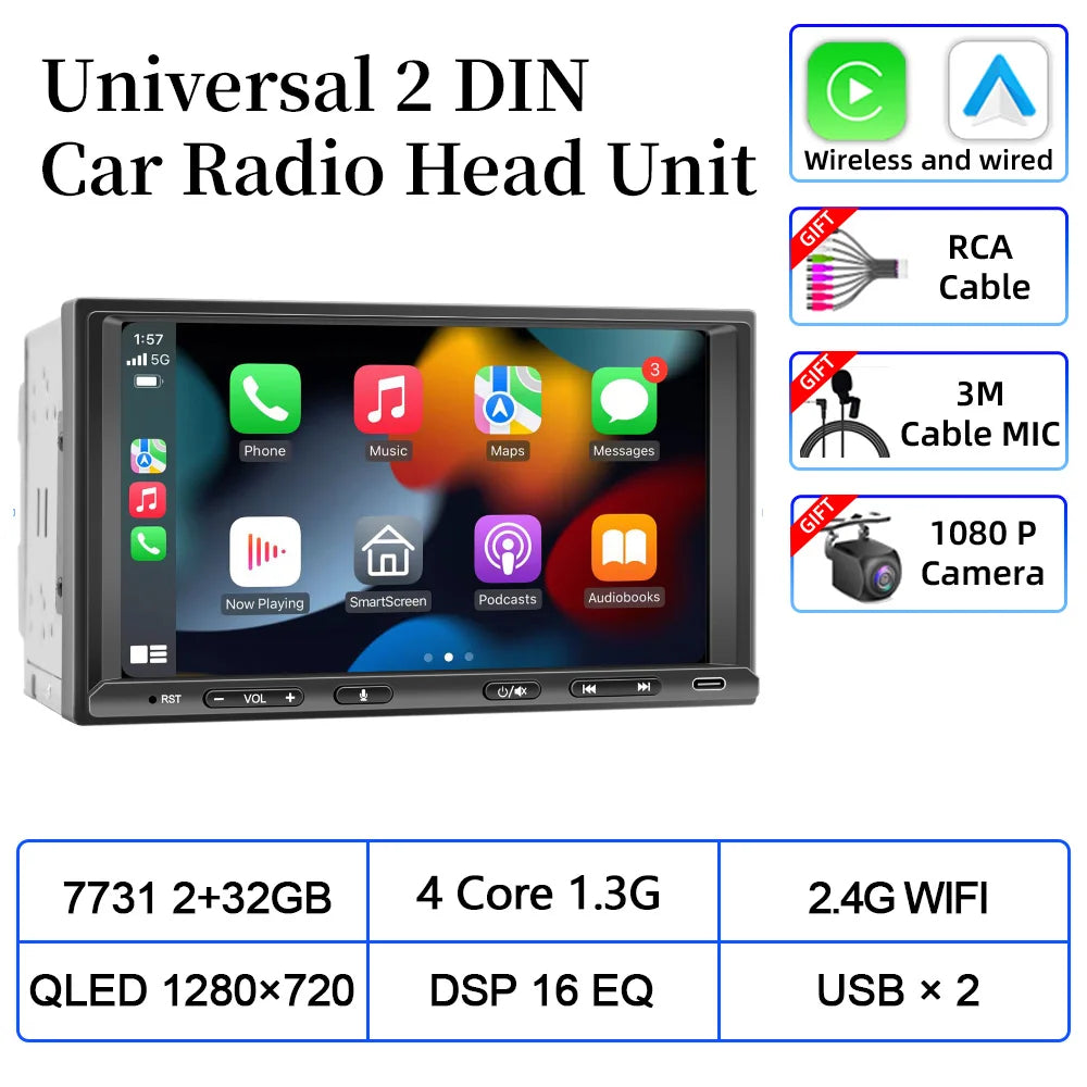 VATAV 7" Double Din Car Radio - CarPlay - Reversing Camera