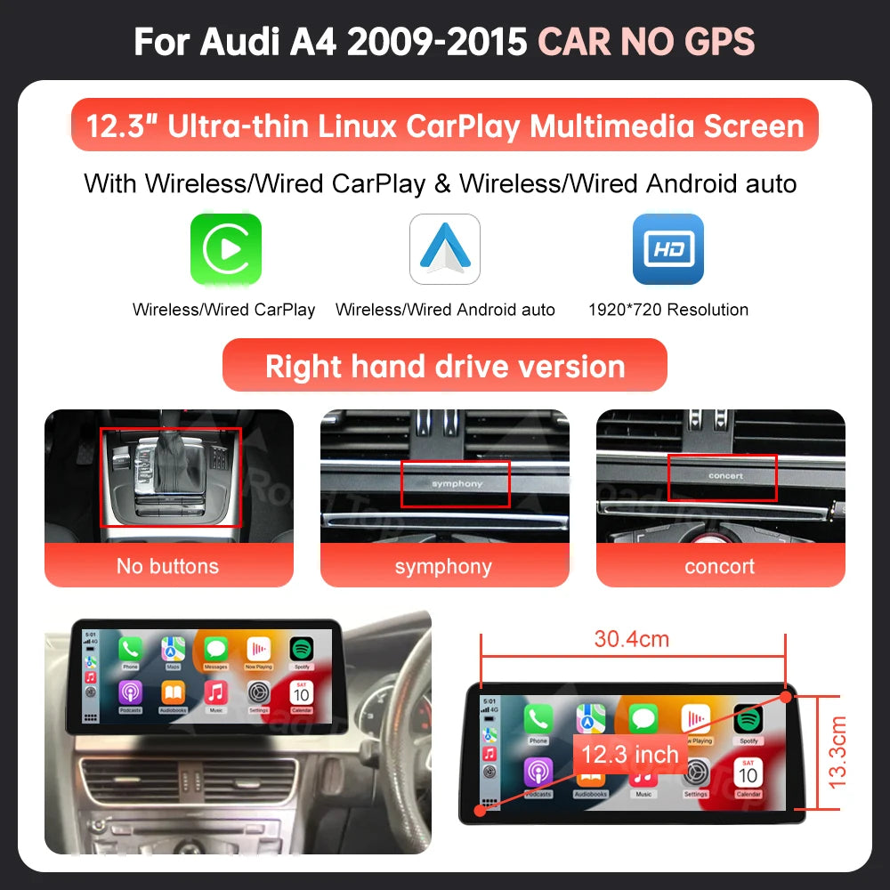 8.9'' 12.3'' Touch Screen Car Multimedia Display For Audi A4 S4 B8 2008-2016 With Wireless Carplay Andriod Auto Airplay Autolink