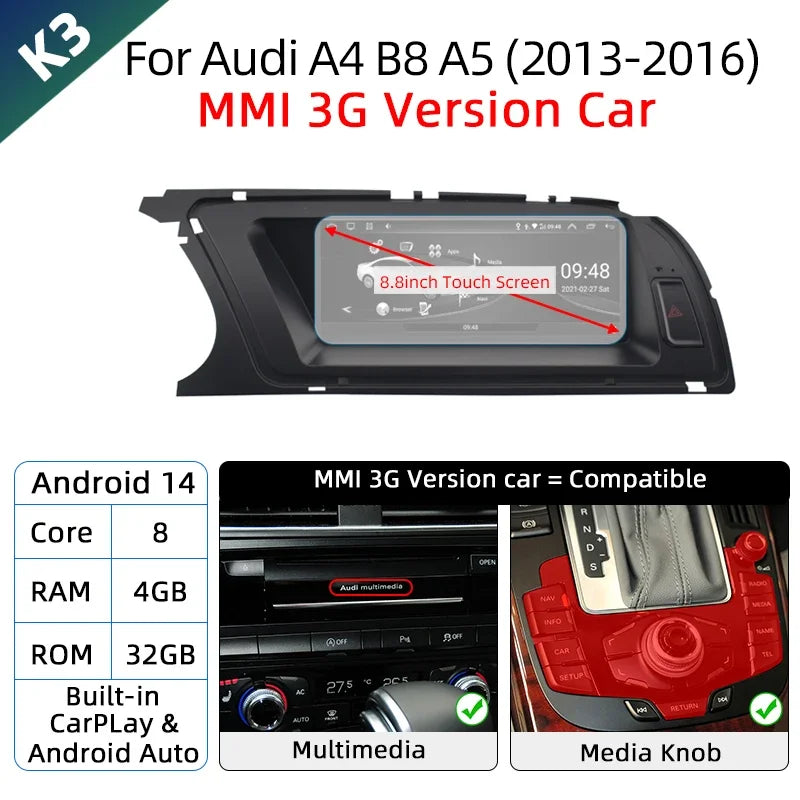 Android 14 Wireless Carplay Auto Radio For Audi A4 B8 A5 2008-2017 GPS Car Radio IPS Touch Screen Multimedia Android Auto BT DSP