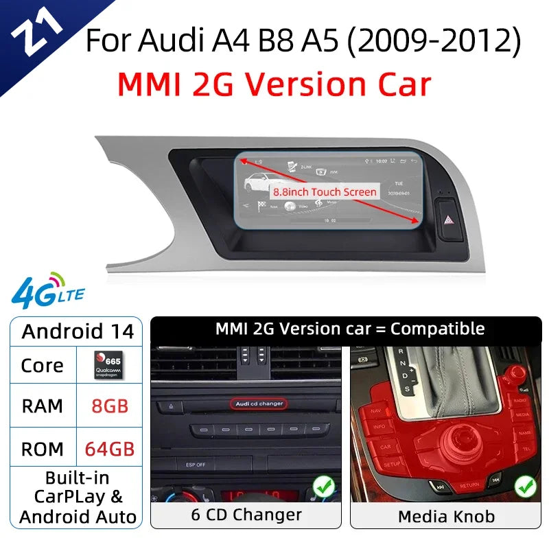 Android 14 Wireless Carplay Auto Radio For Audi A4 B8 A5 2008-2017 GPS Car Radio IPS Touch Screen Multimedia Android Auto BT DSP