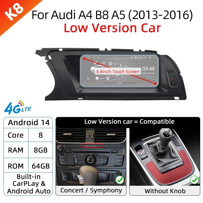 Android 14 Wireless Carplay Auto Radio For Audi A4 B8 A5 2008-2017 GPS Car Radio IPS Touch Screen Multimedia Android Auto BT DSP