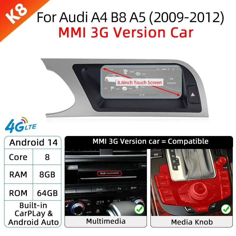 Android 14 Wireless Carplay Auto Radio For Audi A4 B8 A5 2008-2017 GPS Car Radio IPS Touch Screen Multimedia Android Auto BT DSP