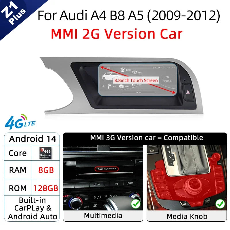 Android 14 Wireless Carplay Auto Radio For Audi A4 B8 A5 2008-2017 GPS Car Radio IPS Touch Screen Multimedia Android Auto BT DSP