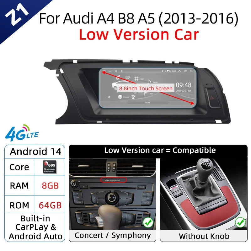 Android 14 Wireless Carplay Auto Radio For Audi A4 B8 A5 2008-2017 GPS Car Radio IPS Touch Screen Multimedia Android Auto BT DSP