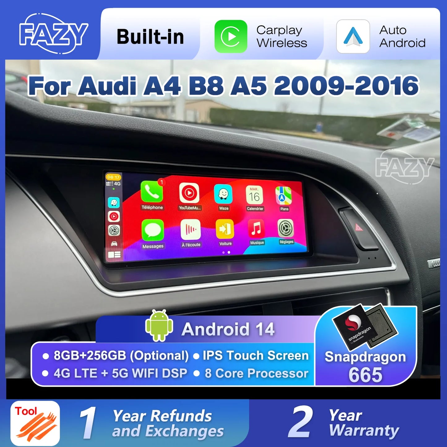 Android 14 Wireless Carplay Auto Radio For Audi A4 B8 A5 2008-2017 GPS Car Radio IPS Touch Screen Multimedia Android Auto BT DSP