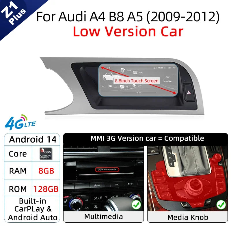 Android 14 Wireless Carplay Auto Radio For Audi A4 B8 A5 2008-2017 GPS Car Radio IPS Touch Screen Multimedia Android Auto BT DSP