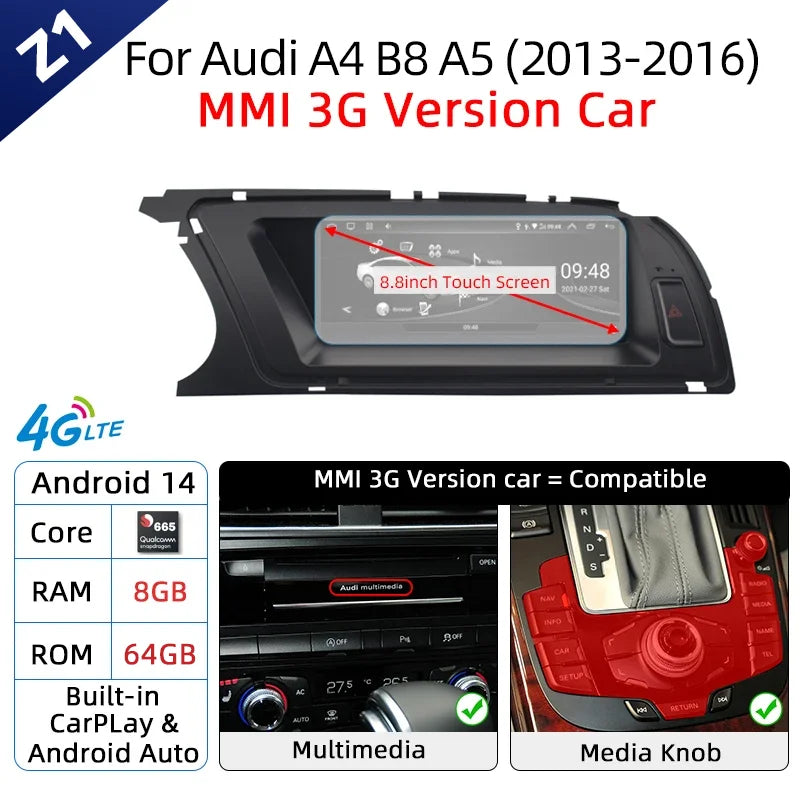Android 14 Wireless Carplay Auto Radio For Audi A4 B8 A5 2008-2017 GPS Car Radio IPS Touch Screen Multimedia Android Auto BT DSP