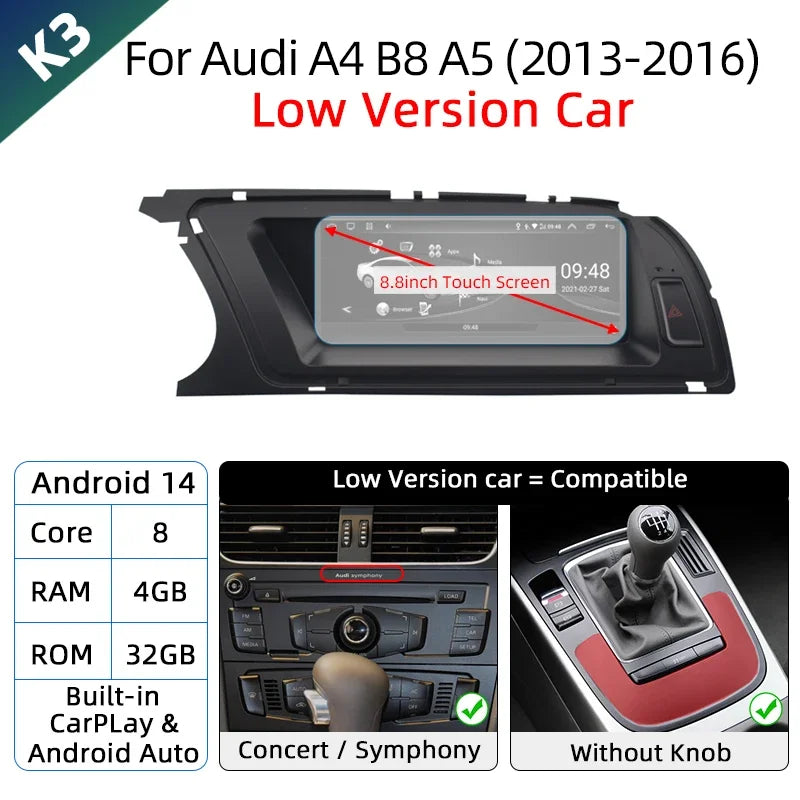 Android 14 Wireless Carplay Auto Radio For Audi A4 B8 A5 2008-2017 GPS Car Radio IPS Touch Screen Multimedia Android Auto BT DSP