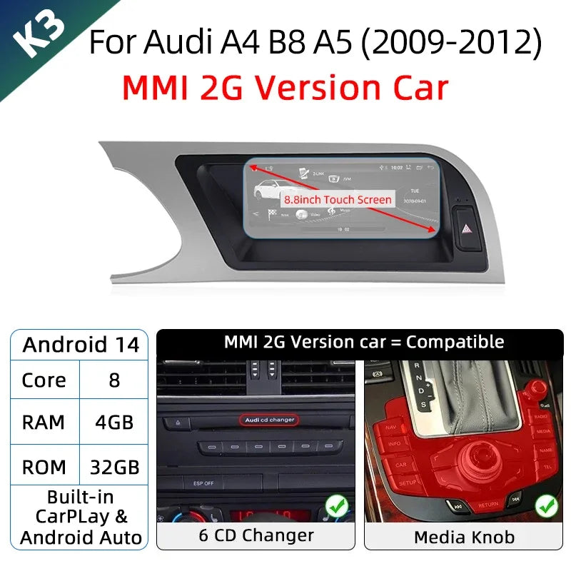 Android 14 Wireless Carplay Auto Radio For Audi A4 B8 A5 2008-2017 GPS Car Radio IPS Touch Screen Multimedia Android Auto BT DSP