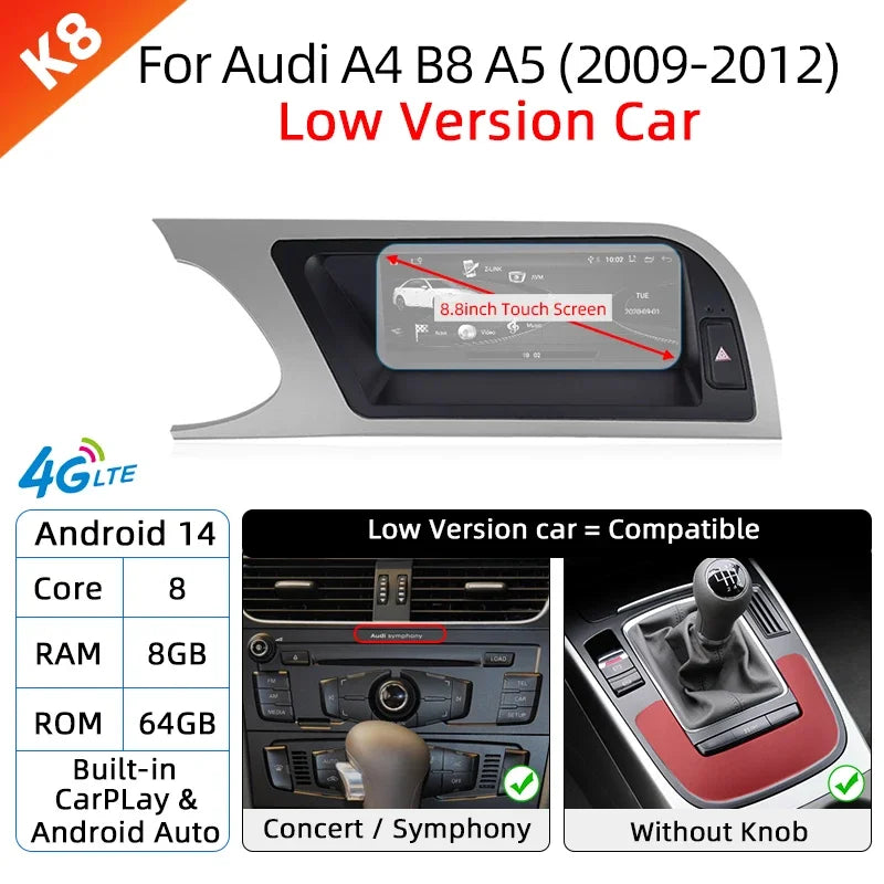 Android 14 Wireless Carplay Auto Radio For Audi A4 B8 A5 2008-2017 GPS Car Radio IPS Touch Screen Multimedia Android Auto BT DSP