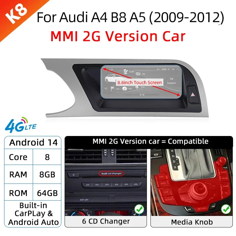 Android 14 Wireless Carplay Auto Radio For Audi A4 B8 A5 2008-2017 GPS Car Radio IPS Touch Screen Multimedia Android Auto BT DSP