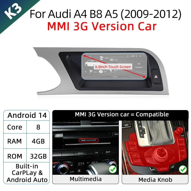 Android 14 Wireless Carplay Auto Radio For Audi A4 B8 A5 2008-2017 GPS Car Radio IPS Touch Screen Multimedia Android Auto BT DSP