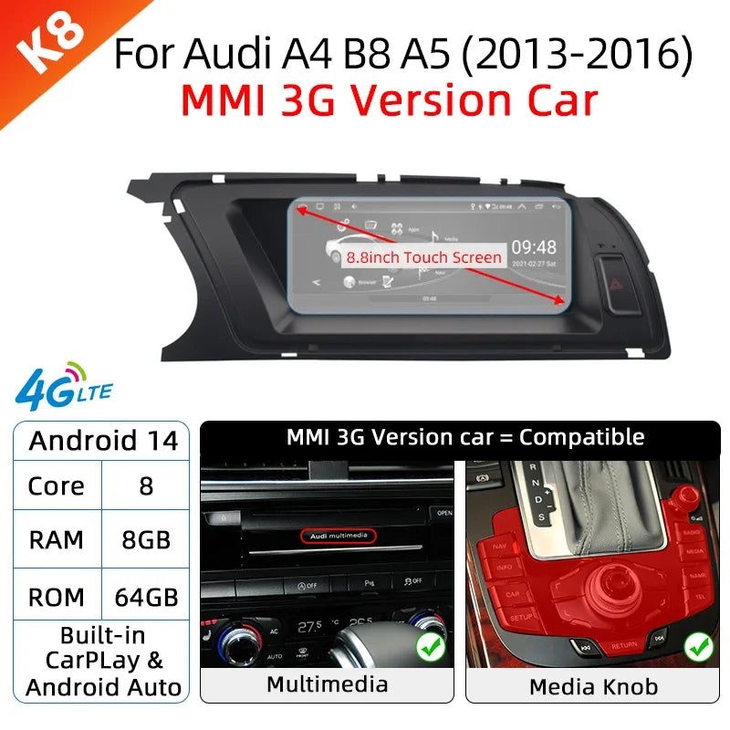 Android 14 Wireless Carplay Auto Radio For Audi A4 B8 A5 2008-2017 GPS Car Radio IPS Touch Screen Multimedia Android Auto BT DSP