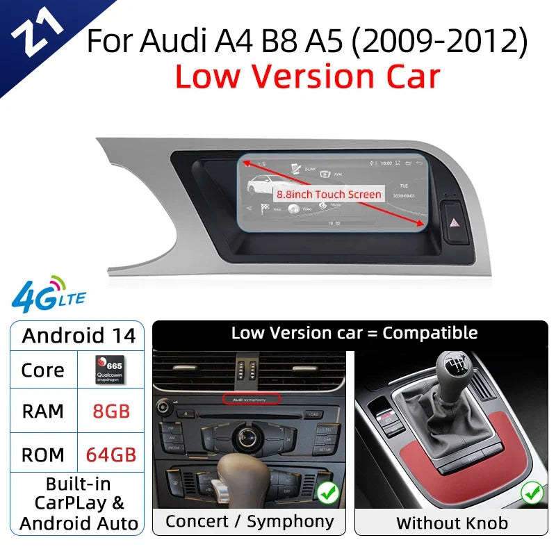 Android 14 Wireless Carplay Auto Radio For Audi A4 B8 A5 2008-2017 GPS Car Radio IPS Touch Screen Multimedia Android Auto BT DSP