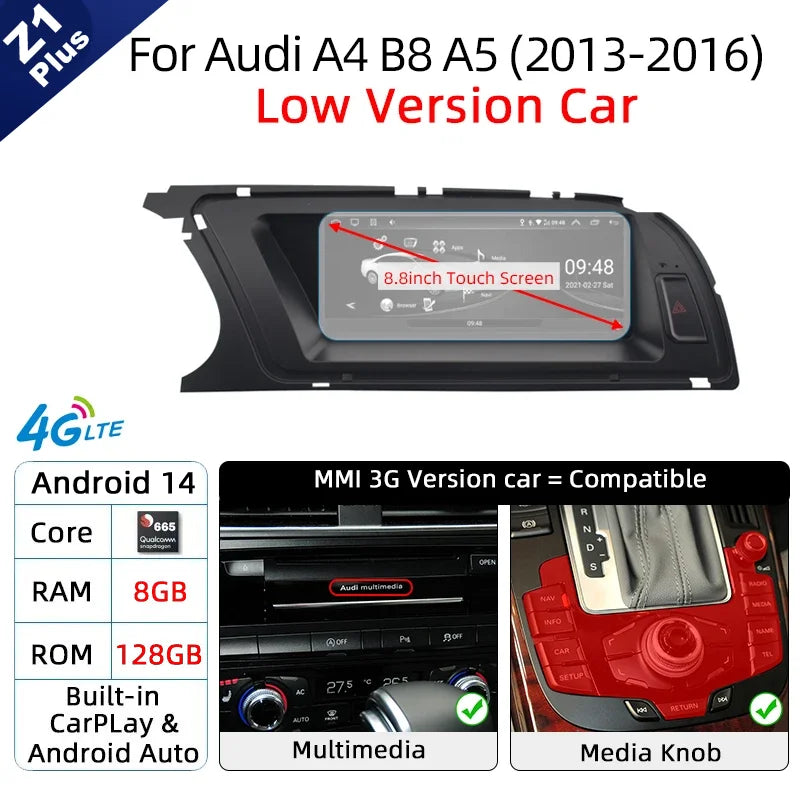 Android 14 Wireless Carplay Auto Radio For Audi A4 B8 A5 2008-2017 GPS Car Radio IPS Touch Screen Multimedia Android Auto BT DSP
