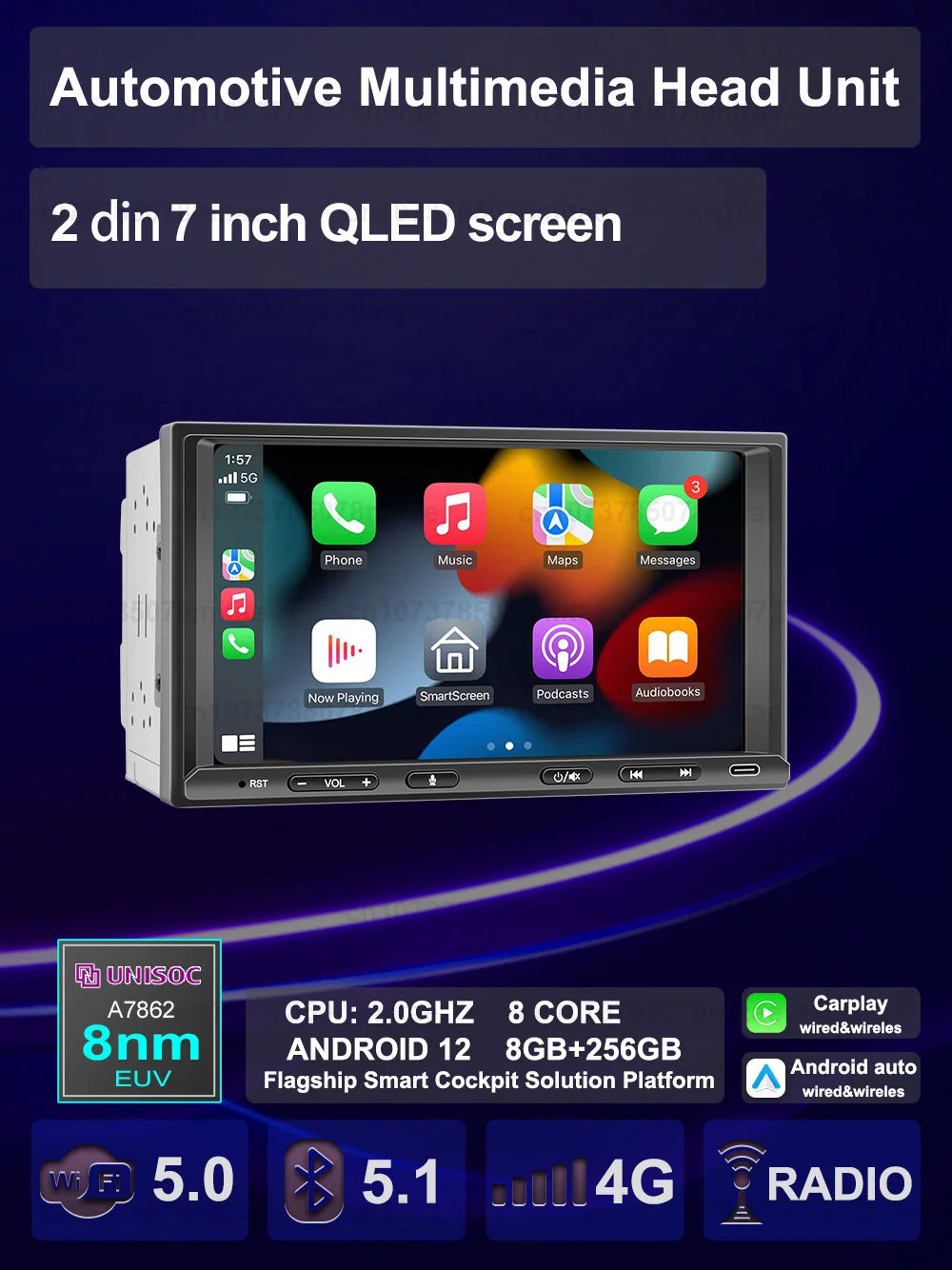 VATAV 7" Double Din Car Radio - CarPlay - Reversing Camera