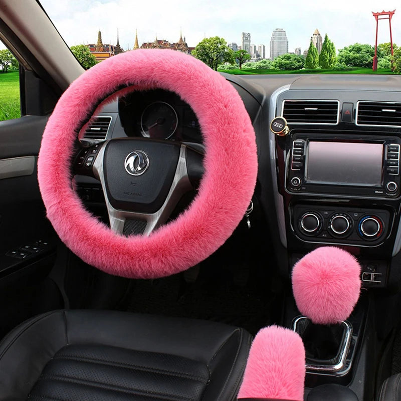 Plush Steering Wheel Cover 36cm + Handbrake - Warm Winter