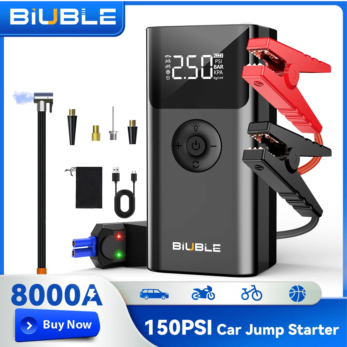 8000A Car Jump Starter with Air Compressor, 150PSI Tire Inflator,12V Battery Booster for ALL Gas/10L Diesel, LED Portable Pack