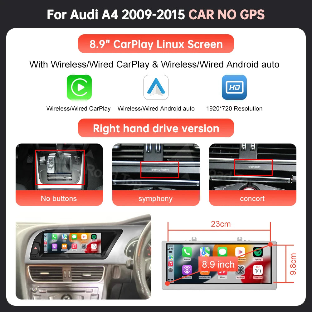 8.9'' 12.3'' Touch Screen Car Multimedia Display For Audi A4 S4 B8 2008-2016 With Wireless Carplay Andriod Auto Airplay Autolink