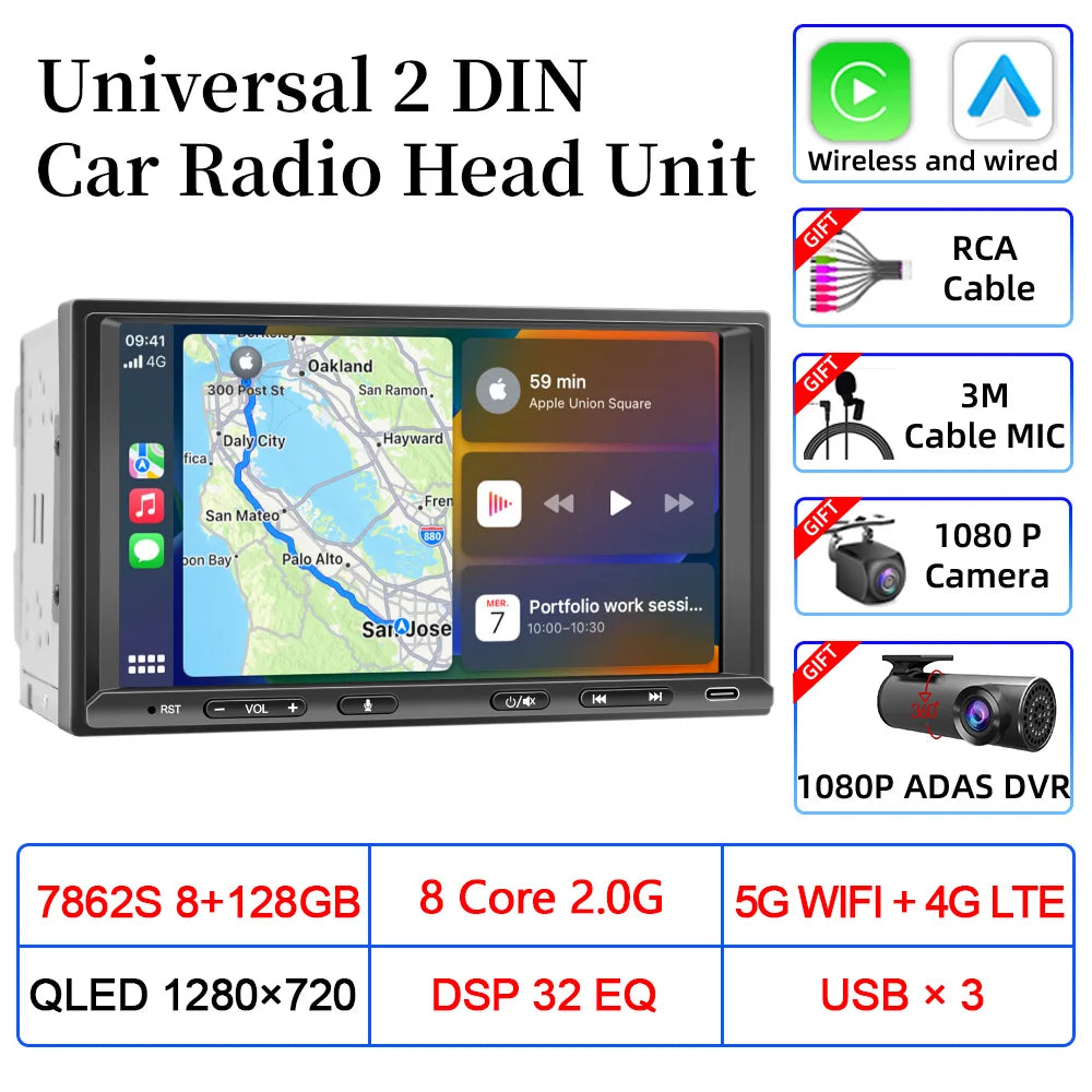VATAV 7" Double Din Car Radio - CarPlay - Reversing Camera