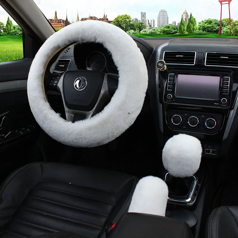 Plush Steering Wheel Cover 36cm + Handbrake - Warm Winter
