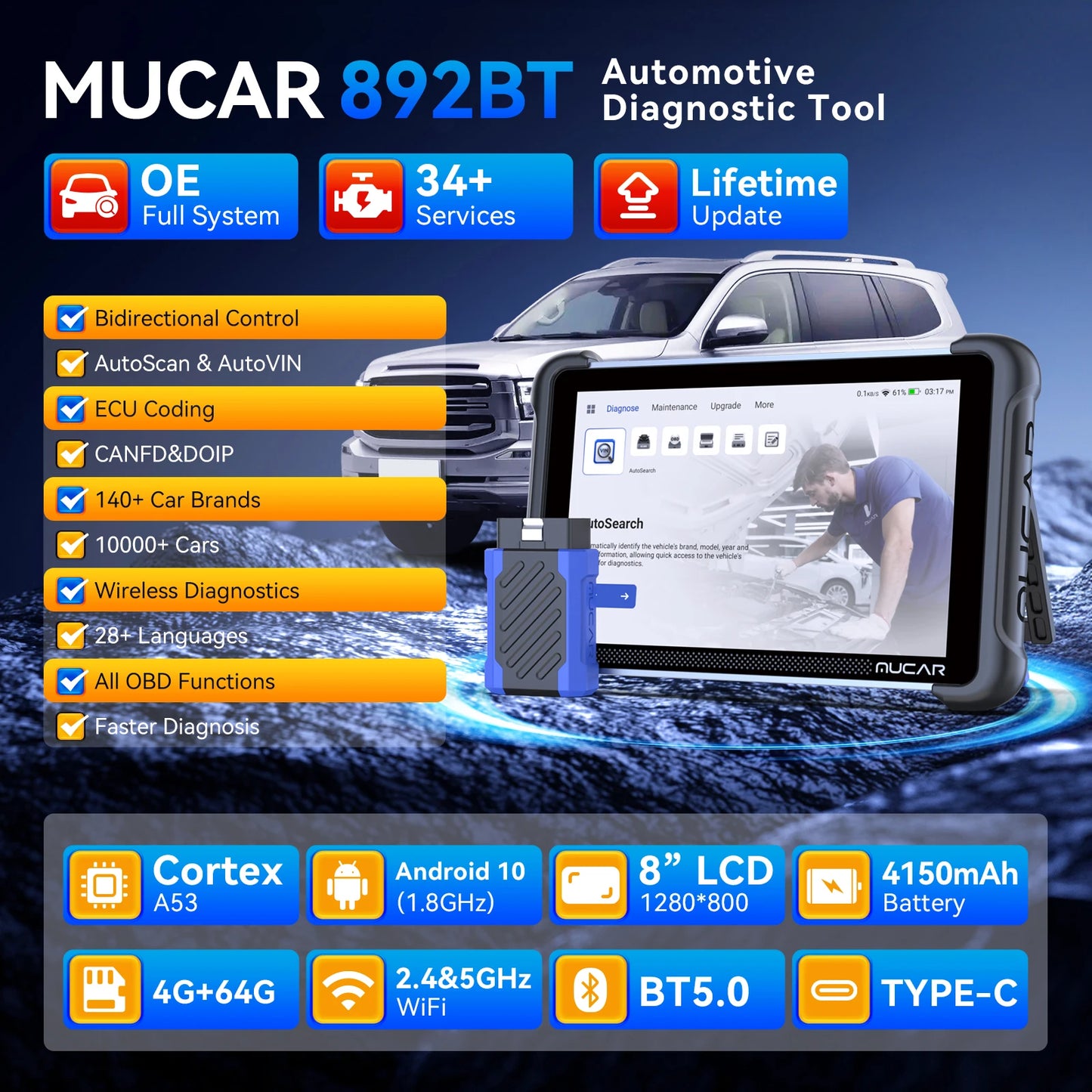 Lifetime Free Update MUCAR 892BT OBD2 Diagnostic Tool with Video Scope All System Diagnosis ECU Coding Bi-directional CANFD DOIP