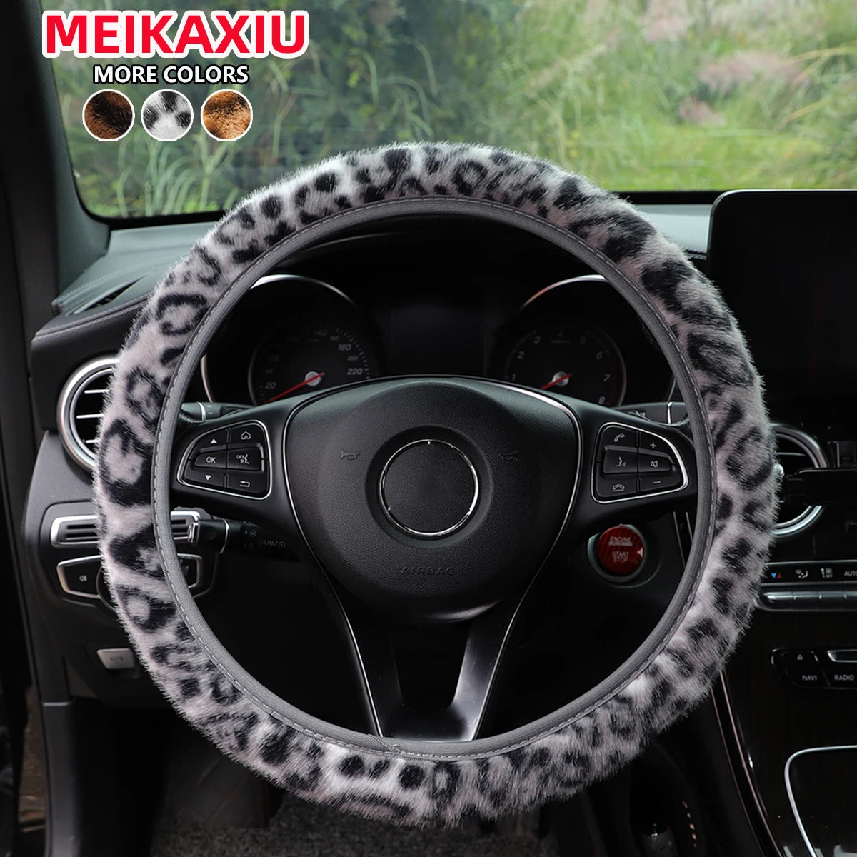 Leopard Print Steering Wheel Cover 14.5" Without Ring - Winter Plush