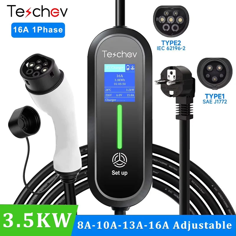 Teschev 3.5KW EV Charger Type2 IEC 62196 Connector 16A 1Phase Type 1 SAEJ1772 Wallbox Charging Station for Electric Vehicle