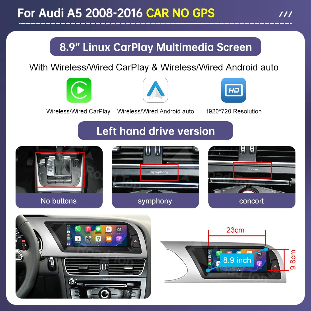 Road Top Radio Multimedia Linux Touch Screen For Audi A5 2008-2016 Wireless CarPlay Android Auto Airplay Car Player Function