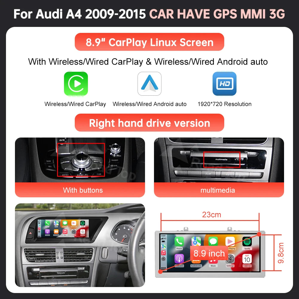 8.9'' 12.3'' Touch Screen Car Multimedia Display For Audi A4 S4 B8 2008-2016 With Wireless Carplay Andriod Auto Airplay Autolink