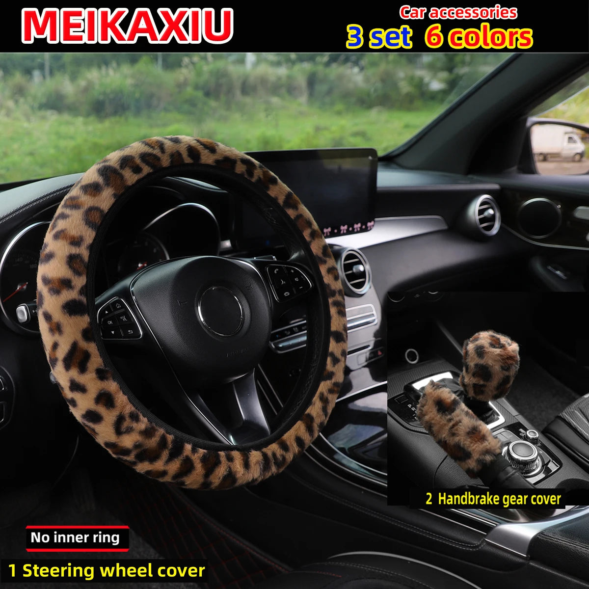 3-Piece Leopard Print Steering Wheel Cover Set - Women's Decoration
