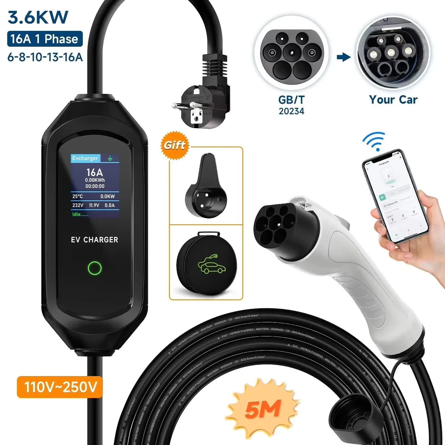 AFEEV 3.6KW 16A Portable EV Charger Type2 IEC62196-2 EVSE Fast Charging Cable Type1 SAE J1772 Electric Car Charger GB/T Wallbox