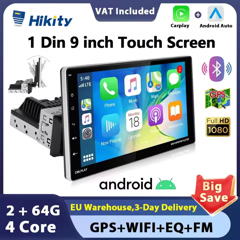 Hikity 9" Universal Car Radio - CarPlay Android Rotating