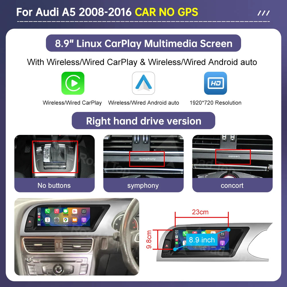 Road Top Radio Multimedia Linux Touch Screen For Audi A5 2008-2016 Wireless CarPlay Android Auto Airplay Car Player Function