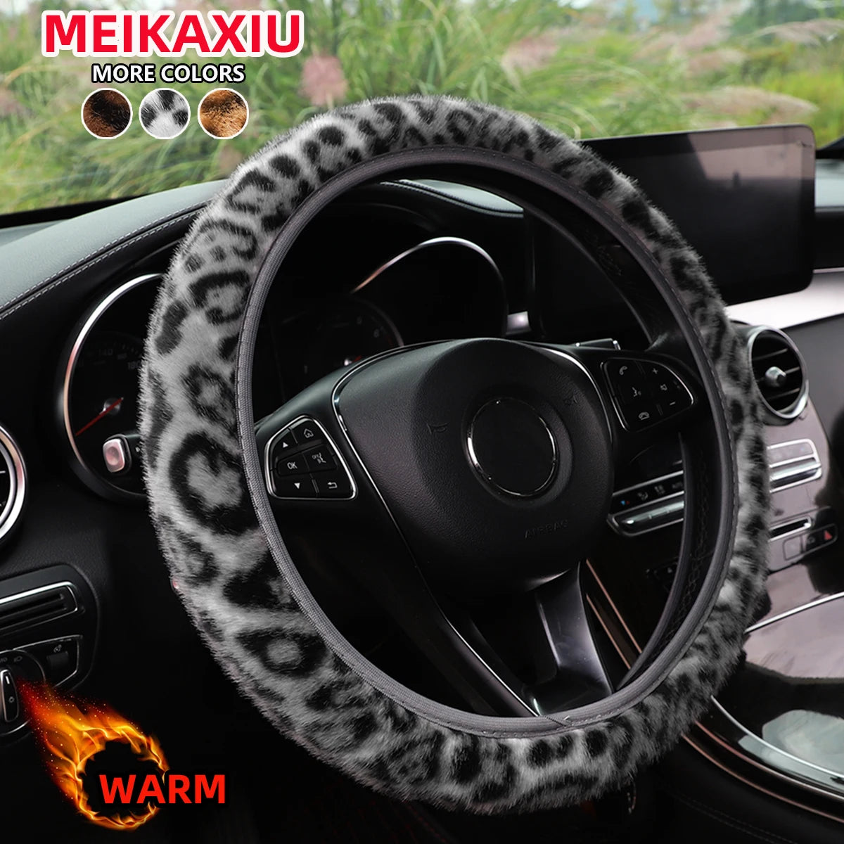 Leopard Print Steering Wheel Cover 14.5" Without Ring - Winter Plush