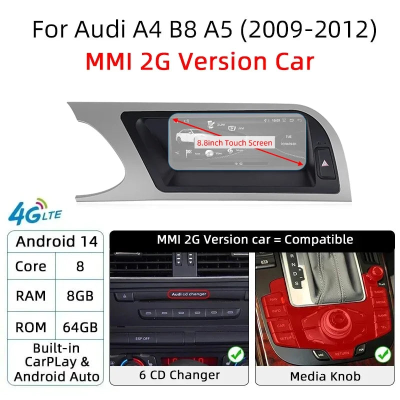 CarPlay For Audi A4 B8 A5 2008 2009 2010 MMI 2G High CD Changer Android 14 8+128GB Car Multimedia Player Stereo GPS Navi Screen