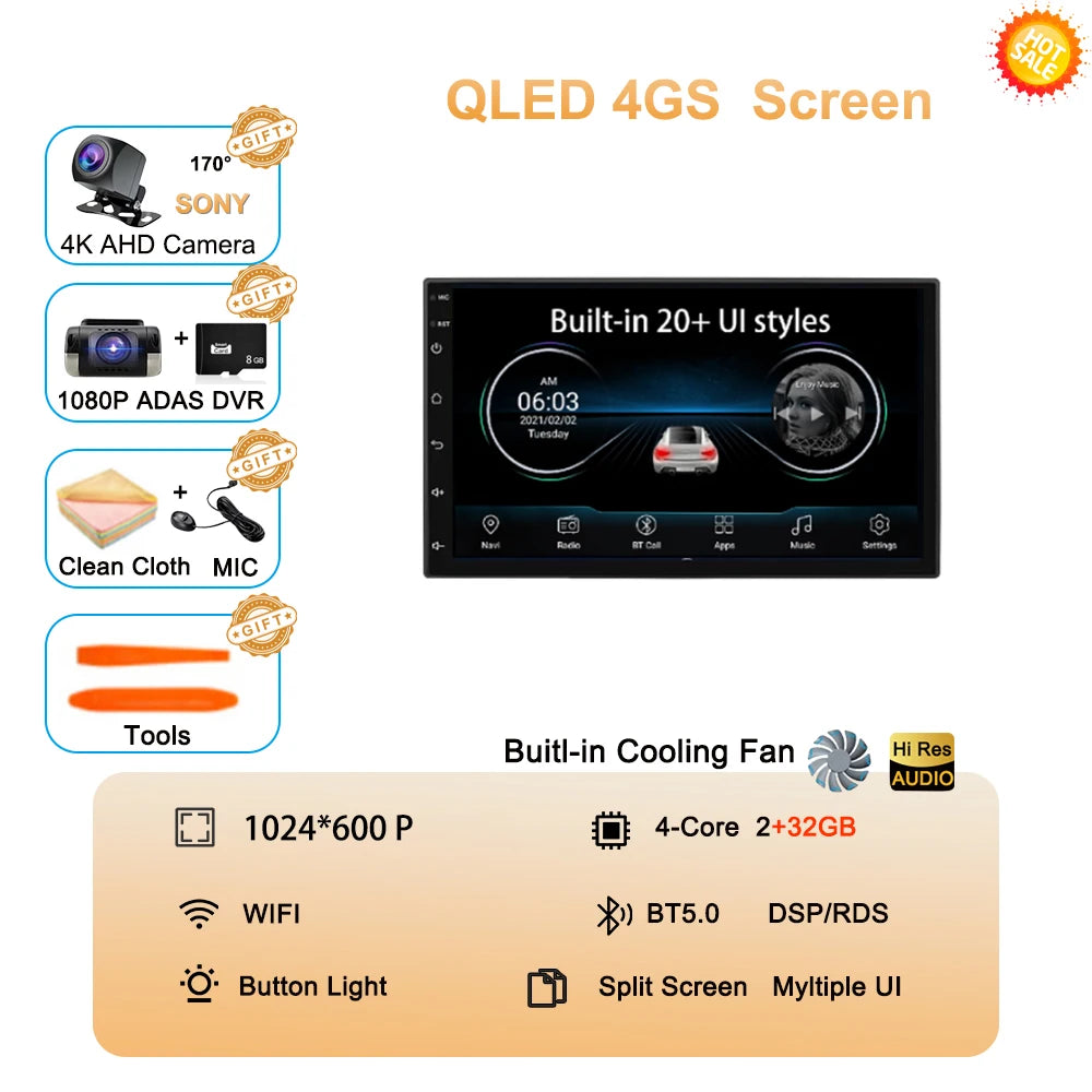 Android 15 QLED 7" car radio - CarPlay GPS 2 Din