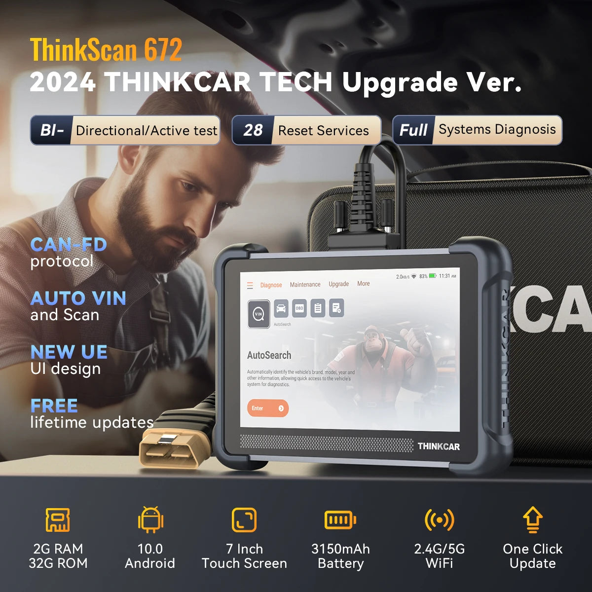 THINKCAR THINKSCAN 672 OBD2 Scanner CAN FD obd2 Tool Bi-directional Control Full System Diagnosis 28 Resets Free for Life