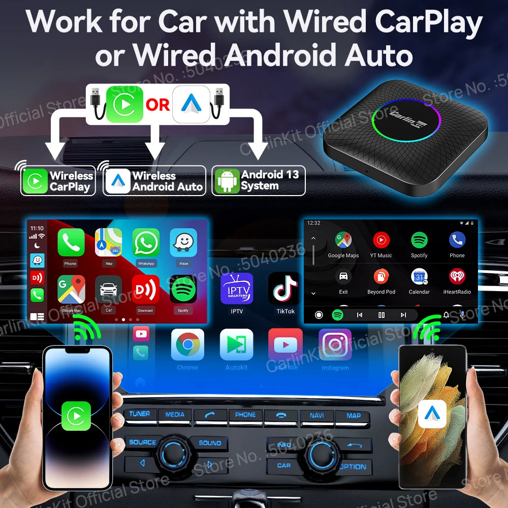 2025  CarlinKit CarPlay AI Box Android 13.0 SM6225 QCM6125 Android Auto Wireless CarPlay Adapter 2.4+5GGPS 64G 128G FOTA Upgrade