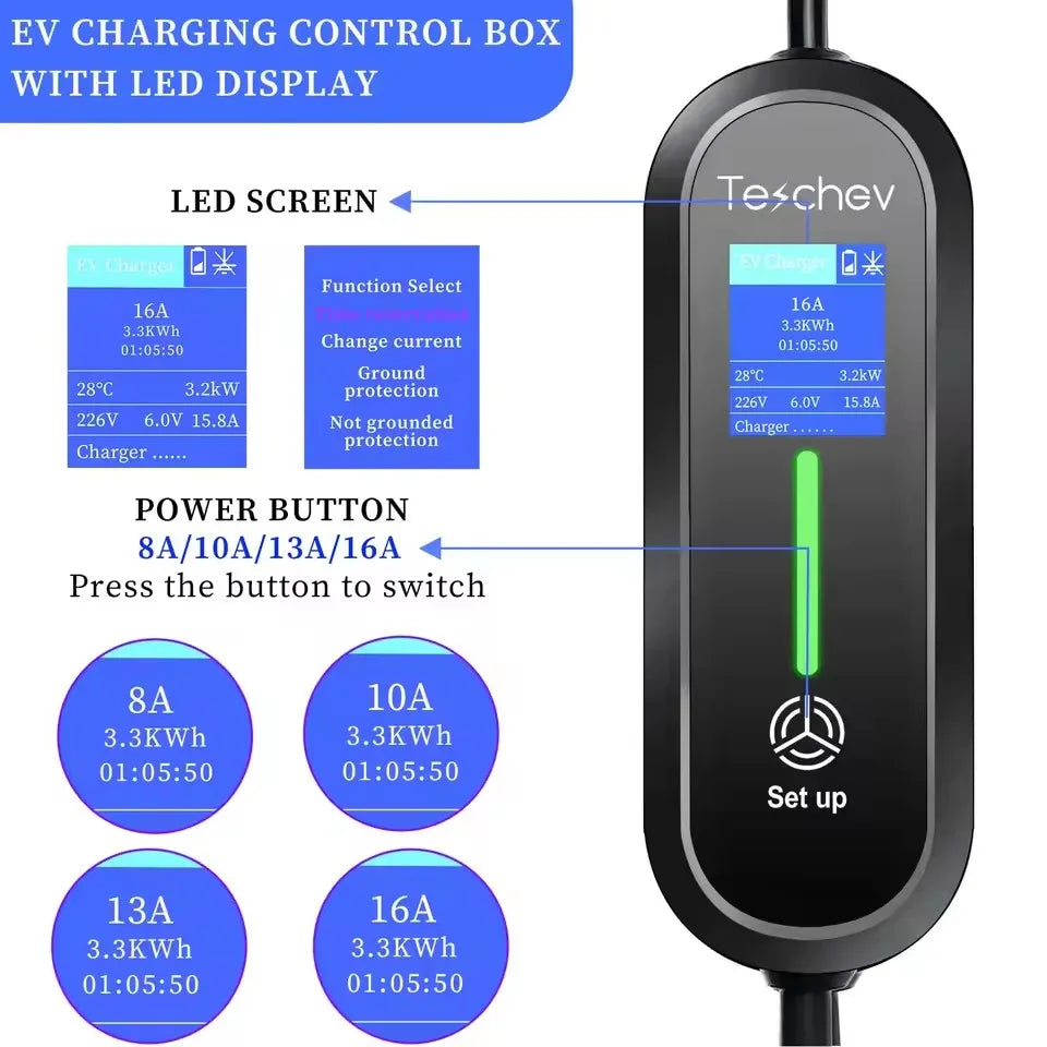Teschev 3.5KW EV Charger Type2 IEC 62196 Connector 16A 1Phase Type 1 SAEJ1772 Wallbox Charging Station for Electric Vehicle