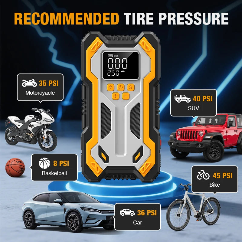 Jump Starter with Air Compressor 7000A Portable Car Battery Booster (9.0 Gas/6.5L Diesel) with 160PSI Auto-Shutoff Tire Inflator