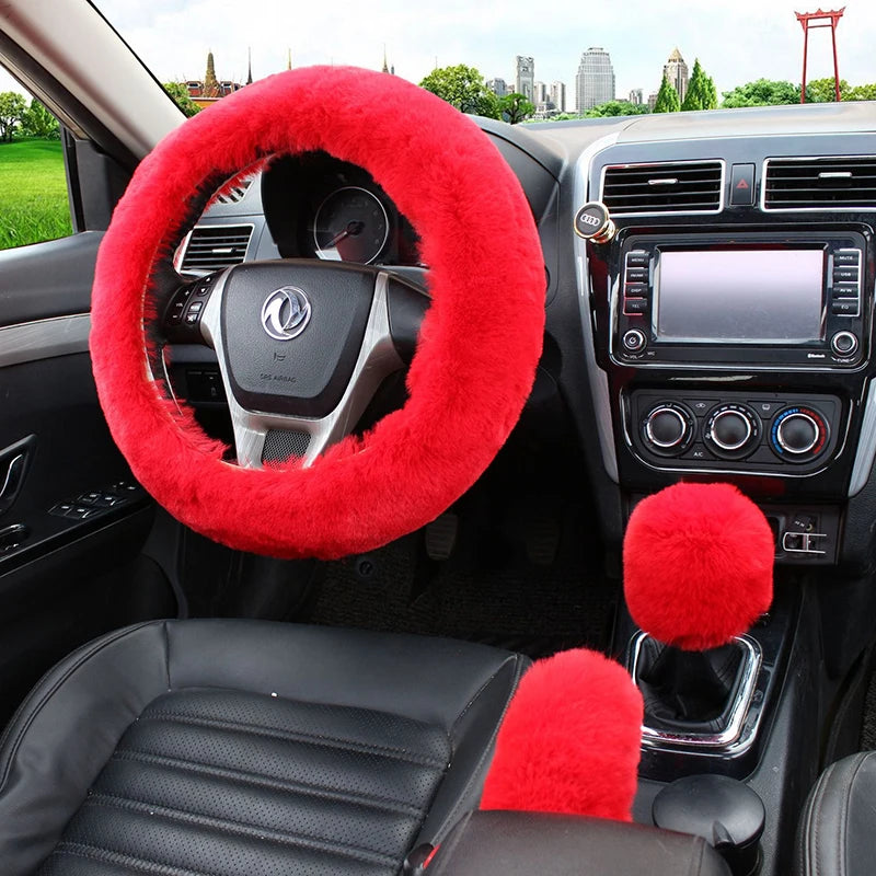 Plush Steering Wheel Cover 36cm + Handbrake - Warm Winter