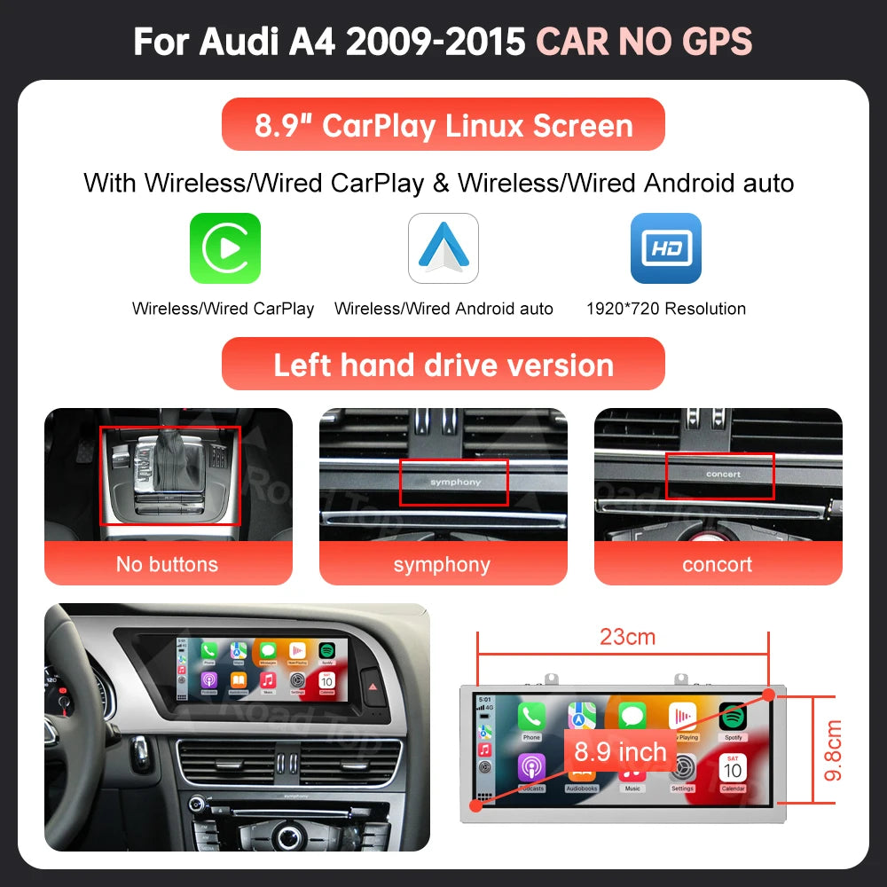8.9'' 12.3'' Touch Screen Car Multimedia Display For Audi A4 S4 B8 2008-2016 With Wireless Carplay Andriod Auto Airplay Autolink