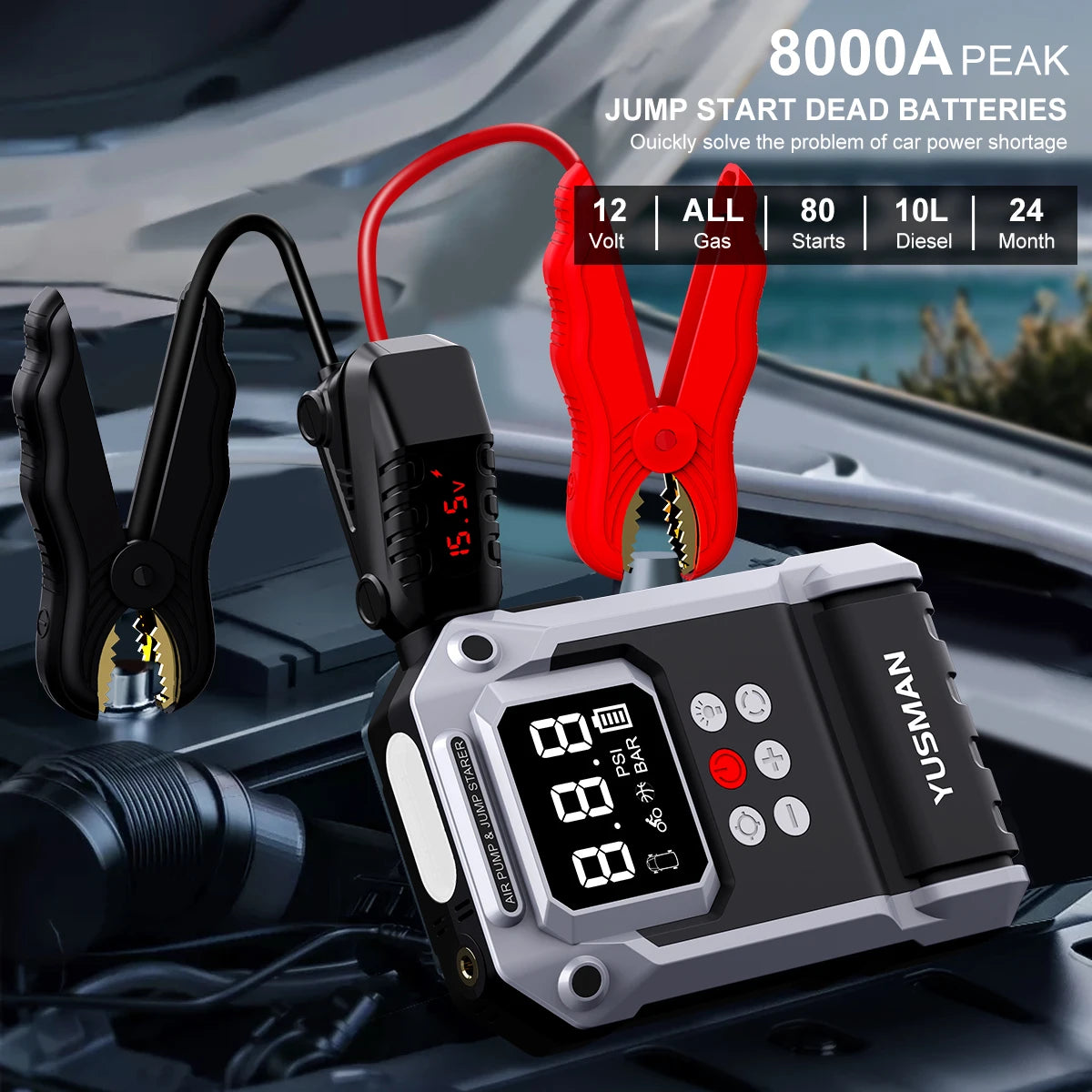 8000A Car Jump Starter with Air Compressor, 150PSI Tire Inflator,12V Battery Booster for ALL Gas/10L Diesel, LED Portable Pack