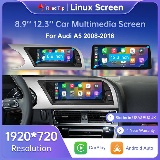 Road Top Radio Multimedia Linux Touch Screen For Audi A5 2008-2016 Wireless CarPlay Android Auto Airplay Car Player Function