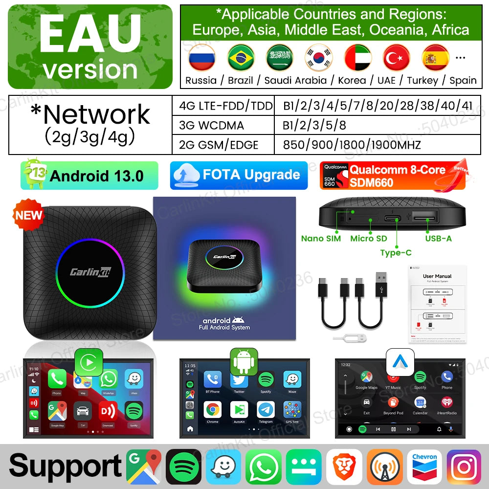 2025  CarlinKit CarPlay AI Box Android 13.0 SM6225 QCM6125 Android Auto Wireless CarPlay Adapter 2.4+5GGPS 64G 128G FOTA Upgrade