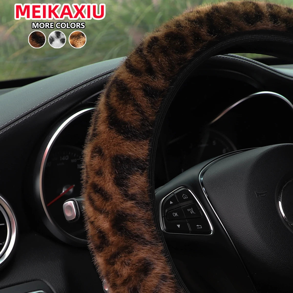 Leopard Print Steering Wheel Cover 14.5" Without Ring - Winter Plush