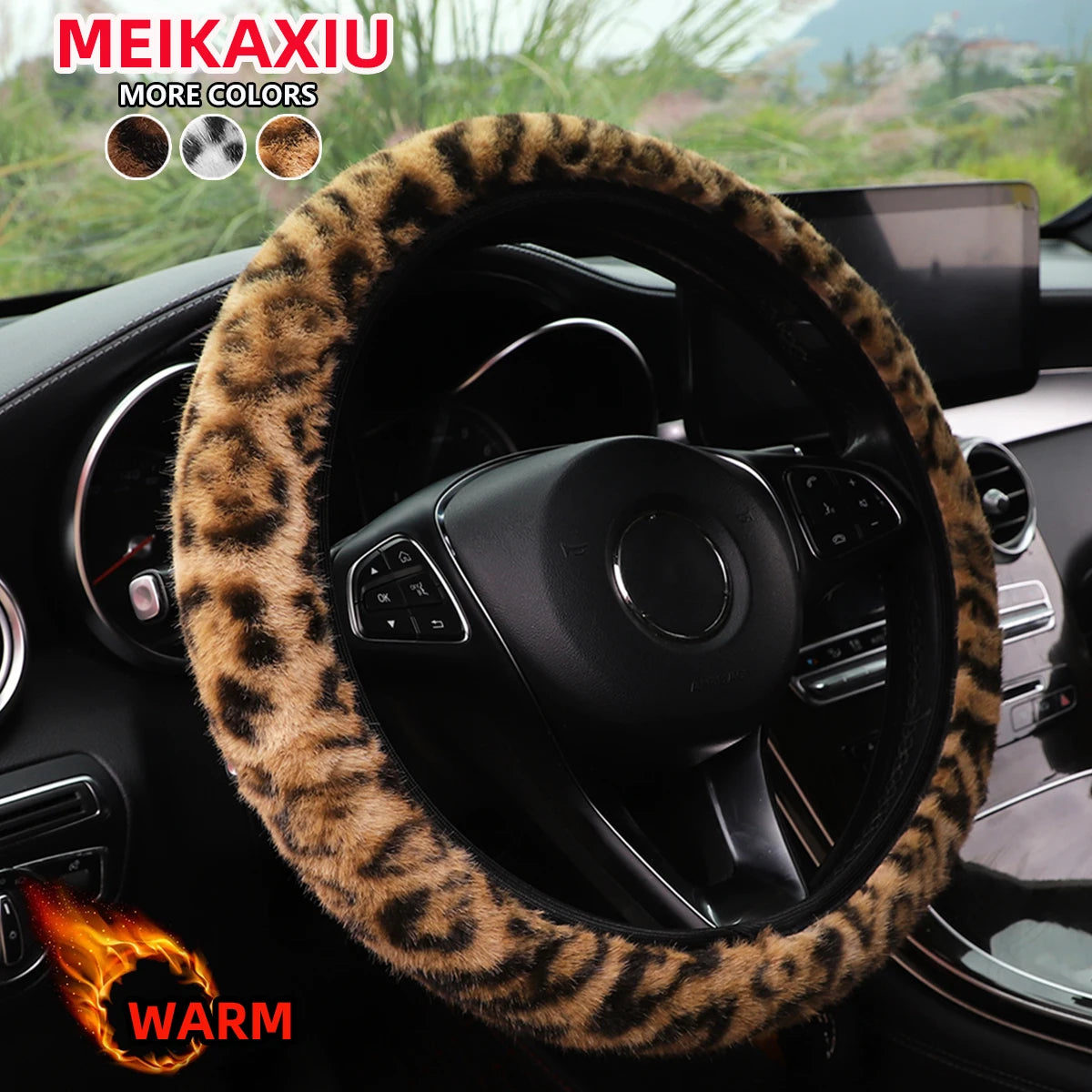 Leopard Print Steering Wheel Cover 14.5" Without Ring - Winter Plush