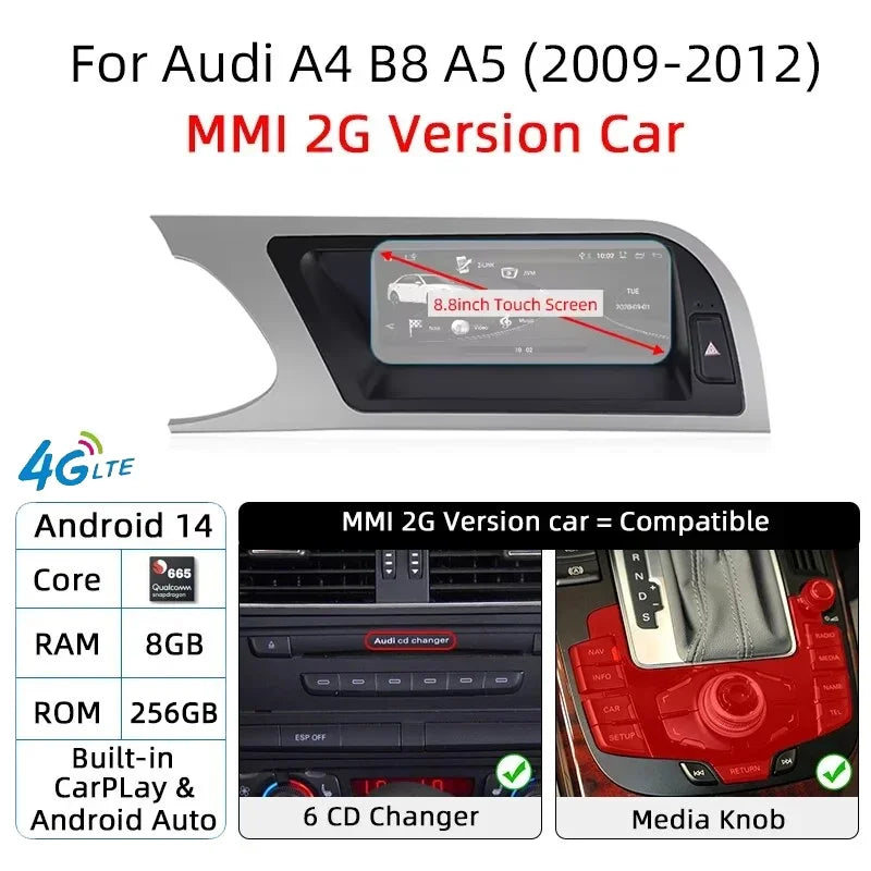 Android 14 8+128GB CarPlay For Audi A4 B8 A5 2008 2009 2010 MMI 2G High CD Changer Car Multimedia Player Stereo GPS Navi Screen